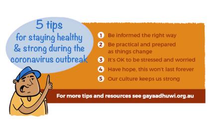 Two panels and a figure of a man in hat and shirt sit on a white background. The panel at left says: 5 tips for staying healthy and strong during the coronavirus outbreak. The panel at right says: 1 Be informed the right way. 2 Be practical and prepared