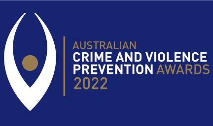 A blue tile with a large white and gold logo at left. At right are the words: Australian Crime and Violence Prevention Awards 2022