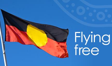 A black and red flag with a yellow circle in the middle flies from a pole. At right is the text: flying free. All is on a blue background.