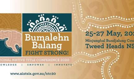 A poster with traditional Indigenous artwork including lines and dots on a fawn coloured background fading to white from right to left. It included the following words: Bumalehn Balang Fight Strong! National Native Title Conference 2020 www.aiatsis.gov.au