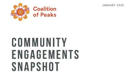 Dark grey text of the words "Community Engagement Snapshot" on a white background with a red and yellow logo with the words Coalition of Peaks logo written in the top left hand corner. In the top right hand corner is written January 2020.