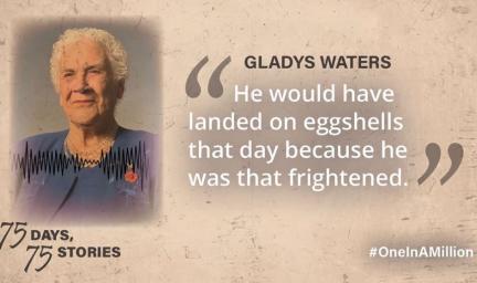 At left is head and shoulders shot of an elderly woman in blue jacket and top. At right are the words Gladys Waters. He would have landed on eggshells that day because he was that frightened. 75 Days, 75 Stories. #OneInAMillion