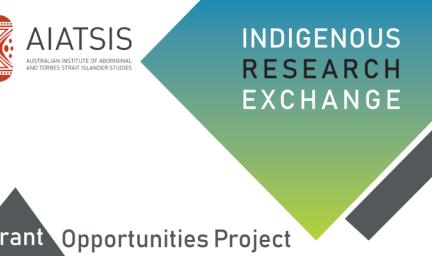 Logo of the Australian Institute of Aboriginal and Torres Strait Islander Studies. There is a green diamond with the words "Indigenous Research Exchange" and the words "Grant Opportunities Project written at the bottom of the image.