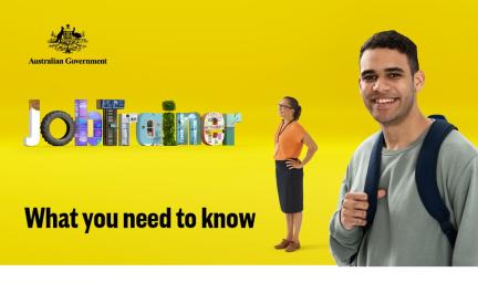 A yellow tile featuring a man in the foreground and a woman in the background. Both are dressed in casual clothes. Words on the tile are: JobTrainer. What you need to know.