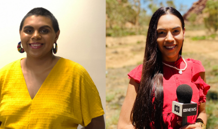 The first woman is standing in a room with white walls smiling and has her hands behind her back. She is wearing a yellow blouse and large colourful earrings. The second woman is in the outdoors and is holding a microphone. She is wearing a red blouse.