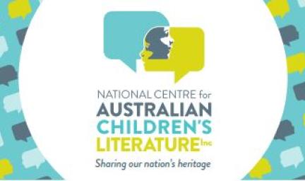 White circular tile with a green and yellow logo incorporating a face. Below are the words: National Centre for Australian Children's Literature. Sharing our nation's heritage.