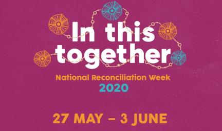 The words In This Together National Reconcilitation Week 2020 27 May dash 3 June appear on a purple background with orange and blue circles linked with a brown chain.