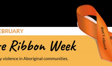 An orange ribbon with the words don't silence the violence written on them is placed on an orange and black background that reads 12 to 19 February Ochre Ribbon Week Ending Family violence in Aboriginal communities.