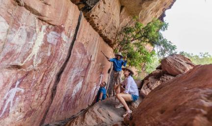 Western Yalanji member Johnny Murison from Jarramali Rock Art Tours providing a guided tour of Quinkan rock art. Credit: Photo by Tammie Matson, copyright Tammie Matson