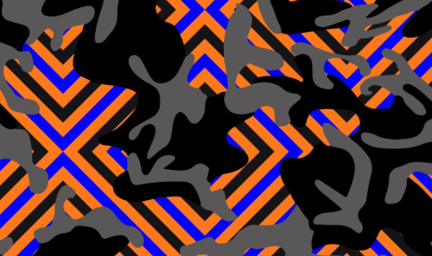 Grey and black smooth shapes on a background of orange, blue and black pattern of concentric squares.