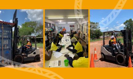 Three images. At left: man on forklift adjusts pallet on a shipping container. Middle: students sit at a table with papers on it. Right: man in forklift drives past orange traffic cones. In the background is dirt road, grass and a building.