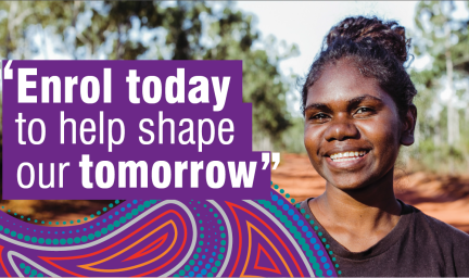 A young woman with her hair pulled up, smiling and wearing a black top stands on a dirt road with trees either side of it. Text to her right says Enrol today to help shape our tomorrow.