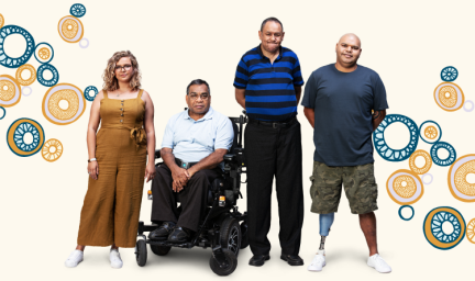 Four people in front of a white background with coloured dots and circles surrounding them. One of the people is in a wheelchair and another one has a prosthetic foot.