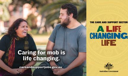 A man and woman sit on a park bench laughing together. Text reads: "The care and support sector. A life changing life"