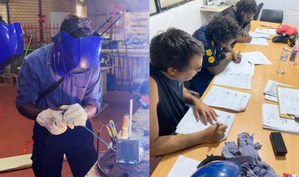 Two images side by side: at left a man works at a bench using welding equipment. He wears protective clothing and head wear. At right, 3 men sit at a desk and write with pens on forms.